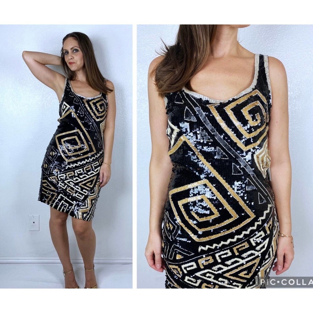nwt vintage 80s ABSTRACT SEQUIN Wood Print Party DRESS Md cocktail Greek glam
